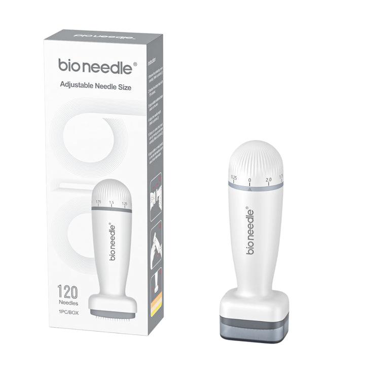 Dr. Pen Bio Needle microneedling device next to its informative box detailing the adjustable needle size feature and showcasing the precise 120-pin design.