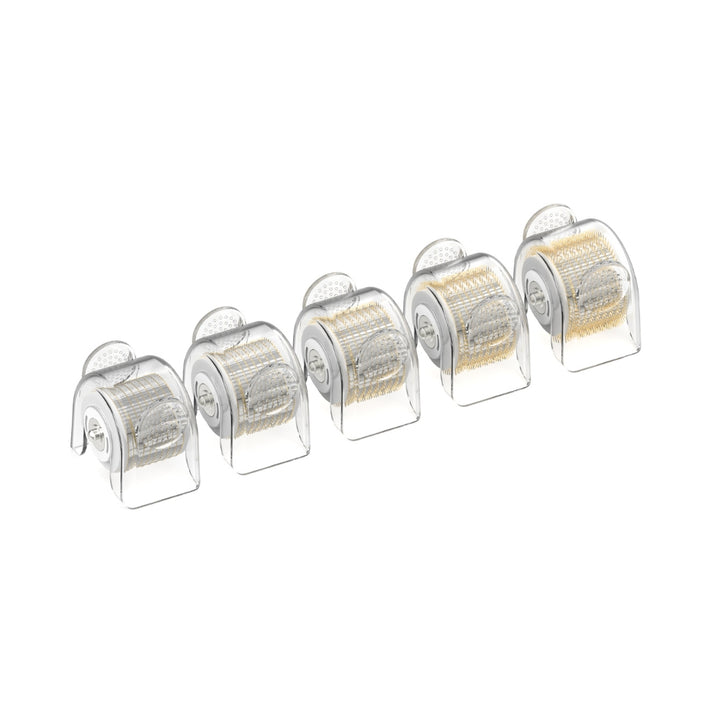 A set of five 0.25mm Replacement Cartridges for the Dr. Pen G5 Bio Roller, displayed in a line against a white background. Each transparent cartridge showcases a roller head with densely packed gold microneedles, designed for enhanced skincare product absorption and effective microneedling treatment.