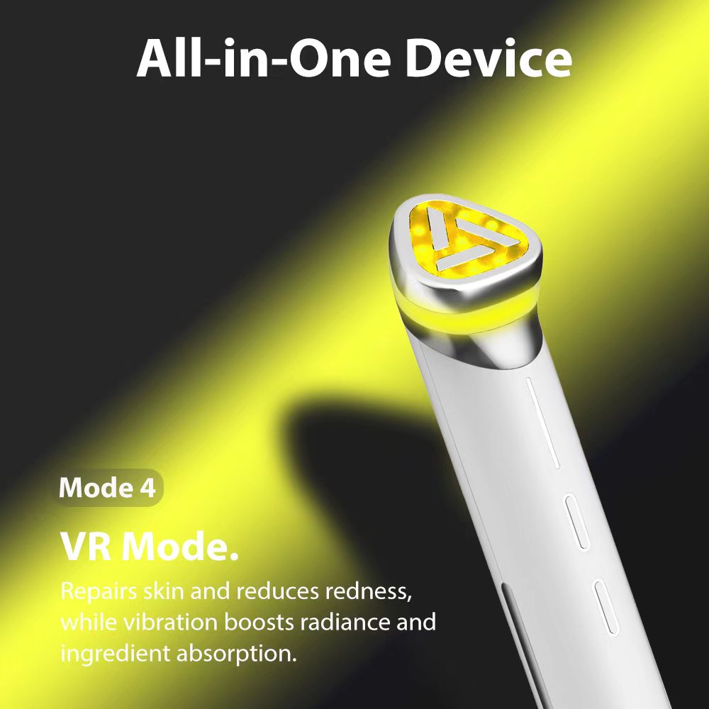 All-in-one beauty device featuring 3-in-1 Lumipore Rejuvenator non-needle technology with yellow light for relaxation and skin stimulation.