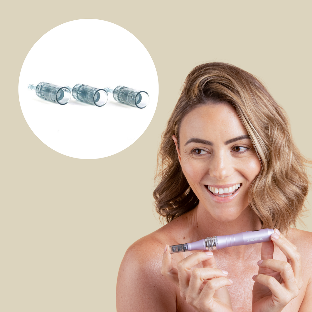 a woman holding zobelle maxima microneedling pen with nano cartridge