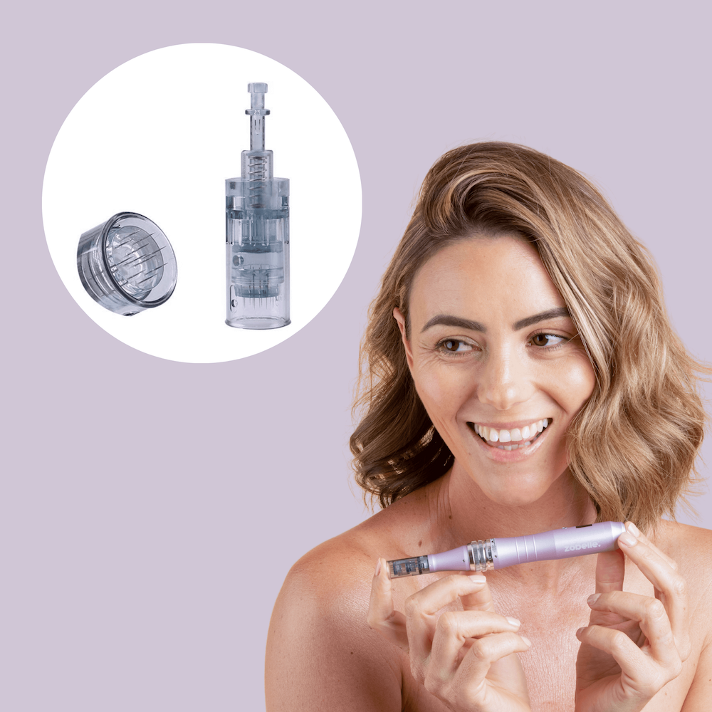 a woman holding zobelle maxima microneedling pen with 11 pin cartridge